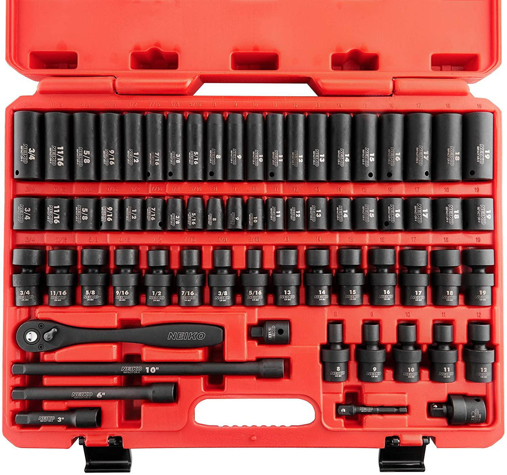 Neiko 02471A 3/8” Standard and Deep Drive Impact Socket Set 67 pcs | SAE 5/16” to 3/4” | Metric 8mm to 19mm | Swivel Sockets | Cr-V &amp; Cr-Mo Steel |  Release Ratchet | Extension Bars and Adapters