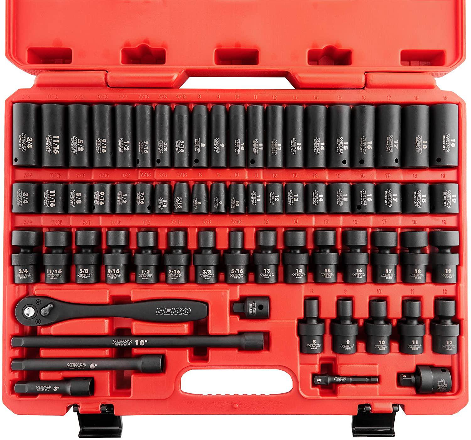 Neiko 02471A 3/8” Standard and Deep Drive Impact Socket Set 67 pcs | SAE 5/16” to 3/4” | Metric 8mm to 19mm | Swivel Sockets | Cr-V &amp; Cr-Mo Steel |  Release Ratchet | Extension Bars and Adapters