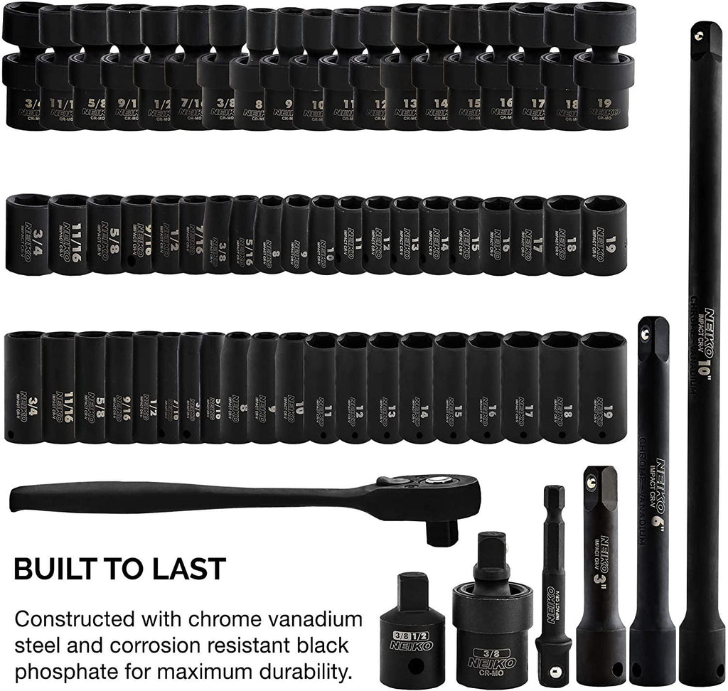 Neiko 02471A 3/8” Standard and Deep Drive Impact Socket Set 67 pcs | SAE 5/16” to 3/4” | Metric 8mm to 19mm | Swivel Sockets | Cr-V &amp; Cr-Mo Steel |  Release Ratchet | Extension Bars and Adapters