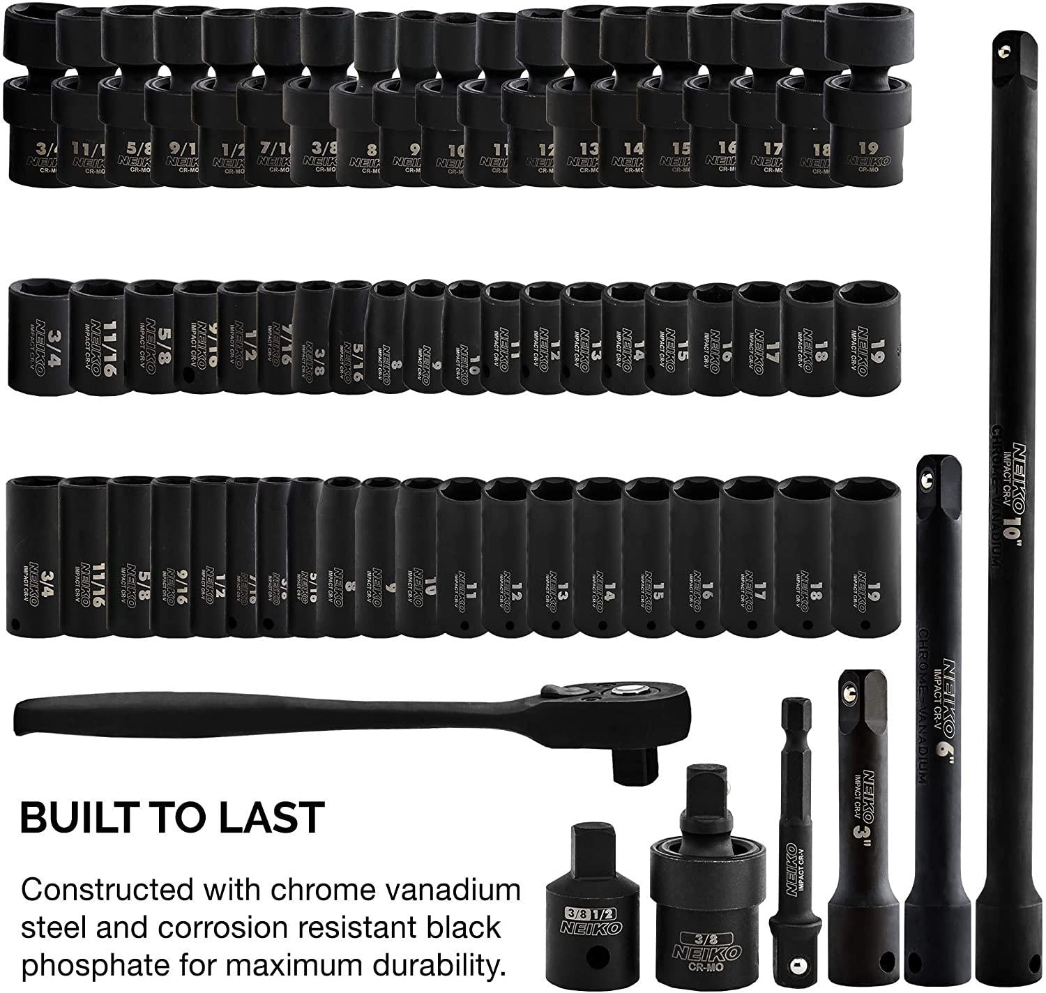 Neiko 02471A 3/8” Standard and Deep Drive Impact Socket Set 67 pcs | SAE 5/16” to 3/4” | Metric 8mm to 19mm | Swivel Sockets | Cr-V &amp; Cr-Mo Steel |  Release Ratchet | Extension Bars and Adapters