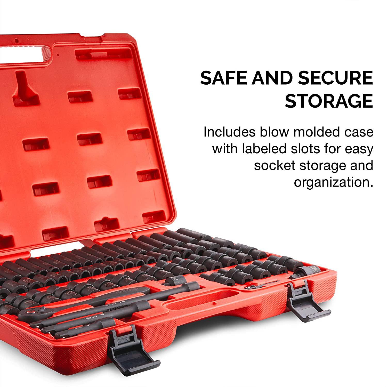 Neiko 02471A 3/8” Standard and Deep Drive Impact Socket Set 67 pcs | SAE 5/16” to 3/4” | Metric 8mm to 19mm | Swivel Sockets | Cr-V &amp; Cr-Mo Steel |  Release Ratchet | Extension Bars and Adapters
