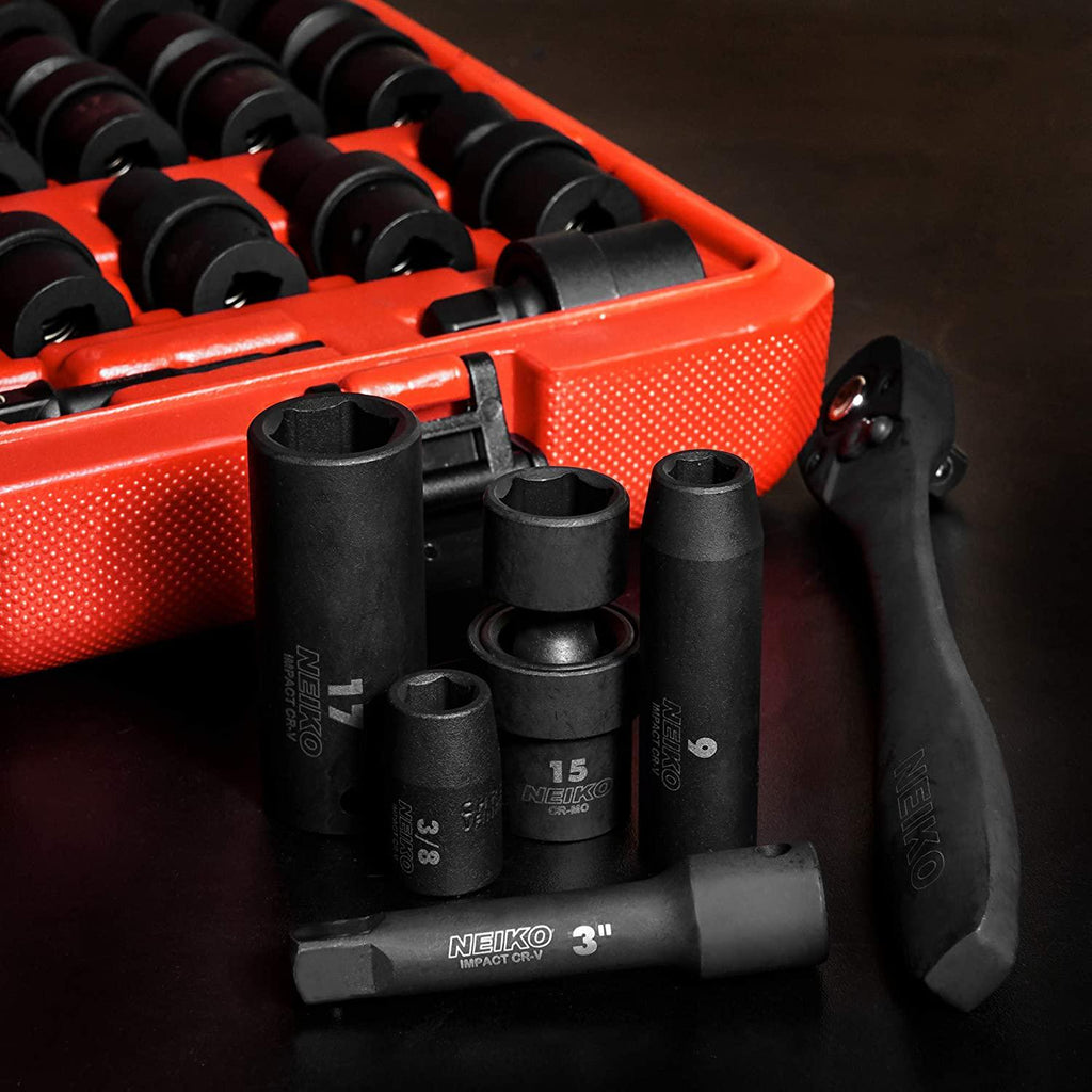 Neiko 02471A 3/8” Standard and Deep Drive Impact Socket Set 67 pcs | SAE 5/16” to 3/4” | Metric 8mm to 19mm | Swivel Sockets | Cr-V &amp; Cr-Mo Steel |  Release Ratchet | Extension Bars and Adapters