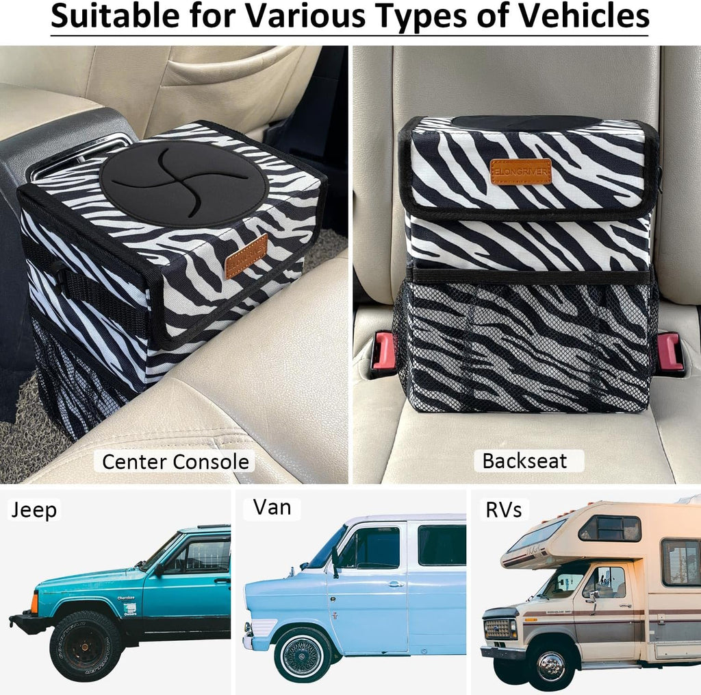 ELONGRIVER Car Trash Can Bin for Car Back Seat Leak Proof, Cute Car Trash Bag Hanging, Vehicle Trash Can for SUV Truck Van, Automotive Car Garbage Cans Front Seat Zebra
