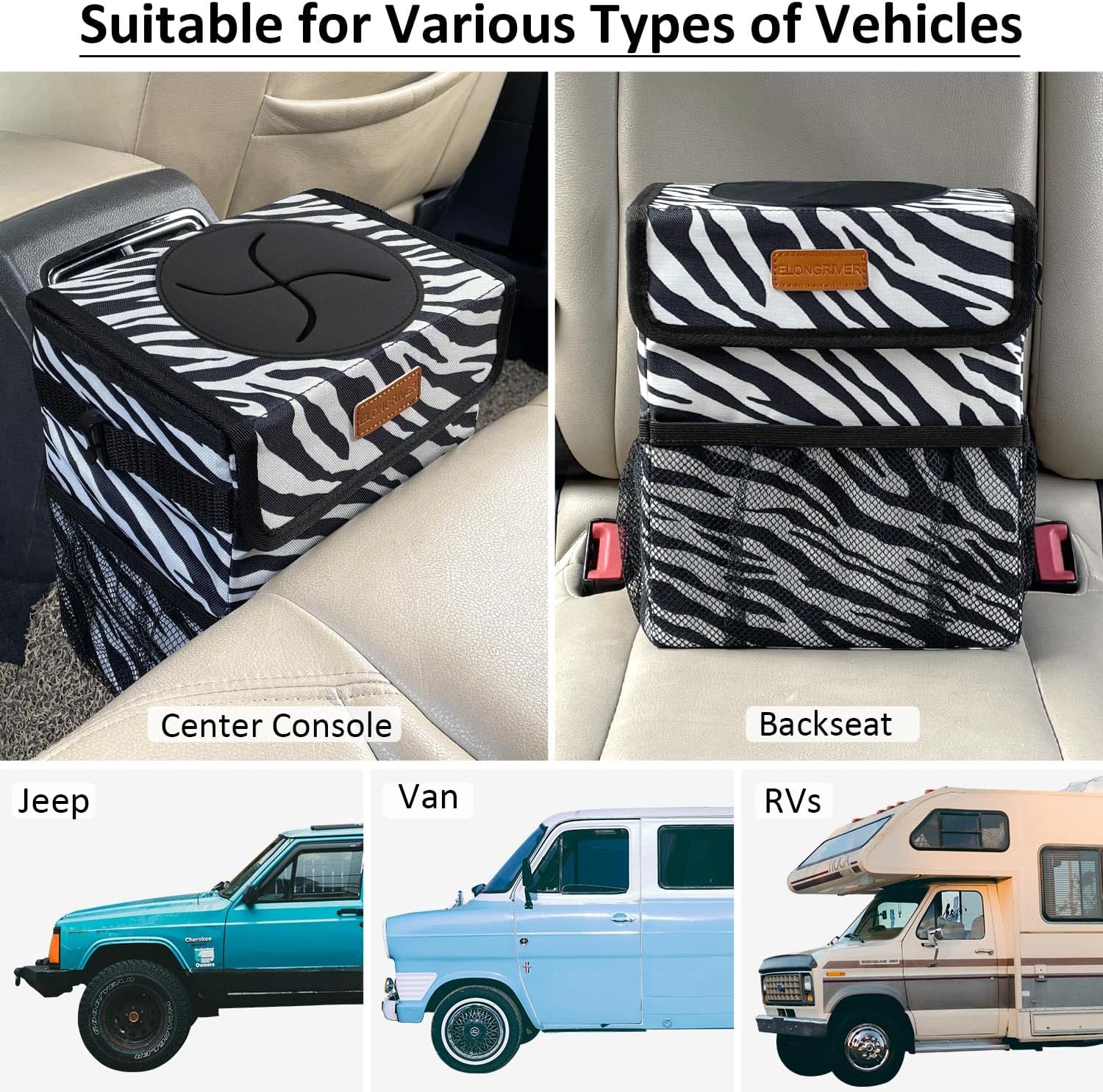ELONGRIVER Car Trash Can Bin for Car Back Seat Leak Proof, Cute Car Trash Bag Hanging, Vehicle Trash Can for SUV Truck Van, Automotive Car Garbage Cans Front Seat Zebra