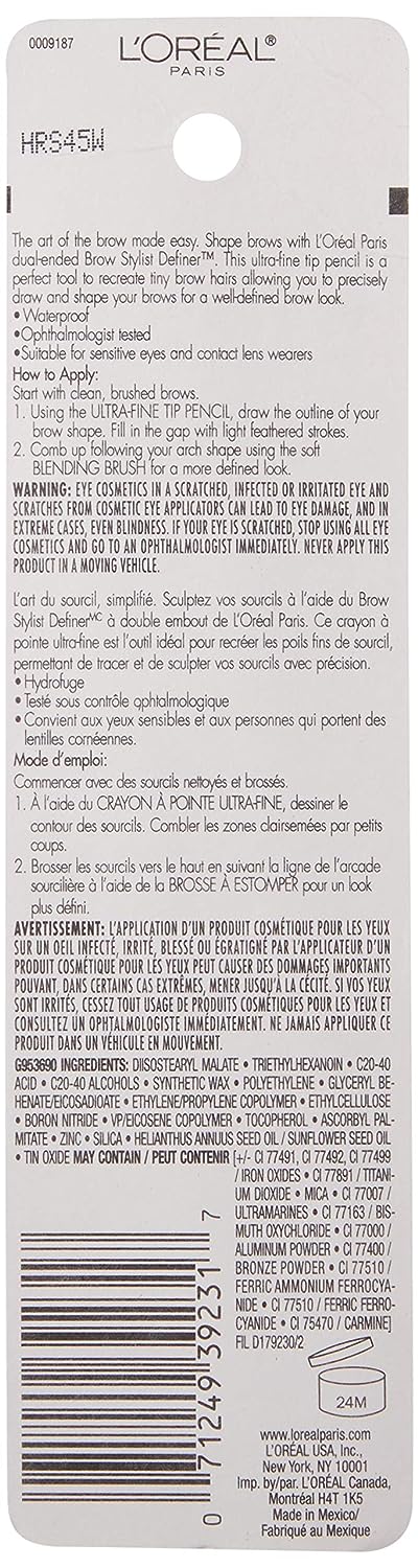 L’Oréal Paris Makeup Brow Definer Waterproof Eyebrow Pencil, Ultra-Fine Mechanical Pencil, Draws Tiny Brow Hairs and Fills in Sparse Areas and Gaps, Soft Black, 0.003 Ounce (Pack of 1)