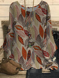 Round Neck Leaf Print Casual Loose Long-sleeved Blouse