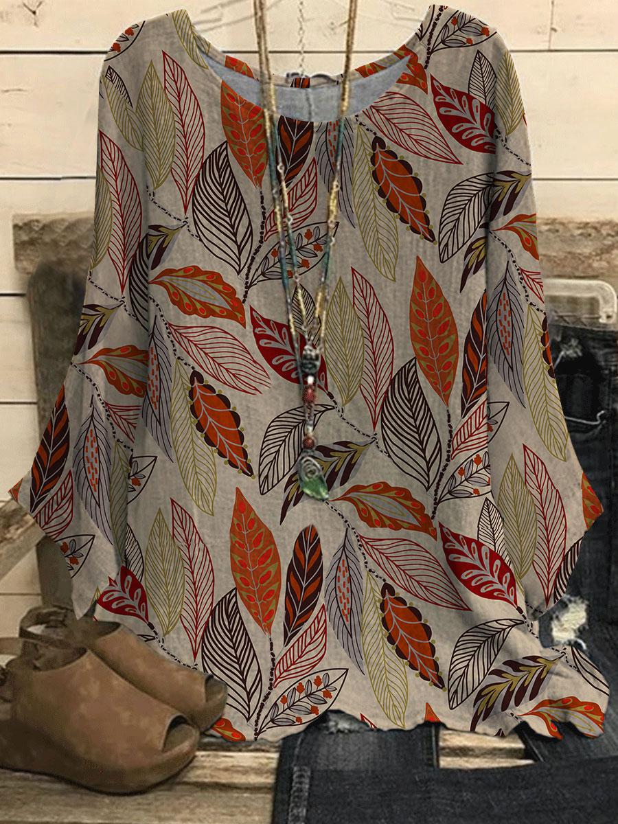 Round Neck Leaf Print Casual Loose Long-sleeved Blouse