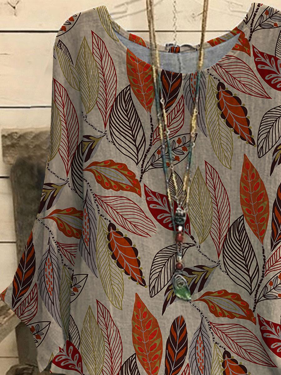 Round Neck Leaf Print Casual Loose Long-sleeved Blouse