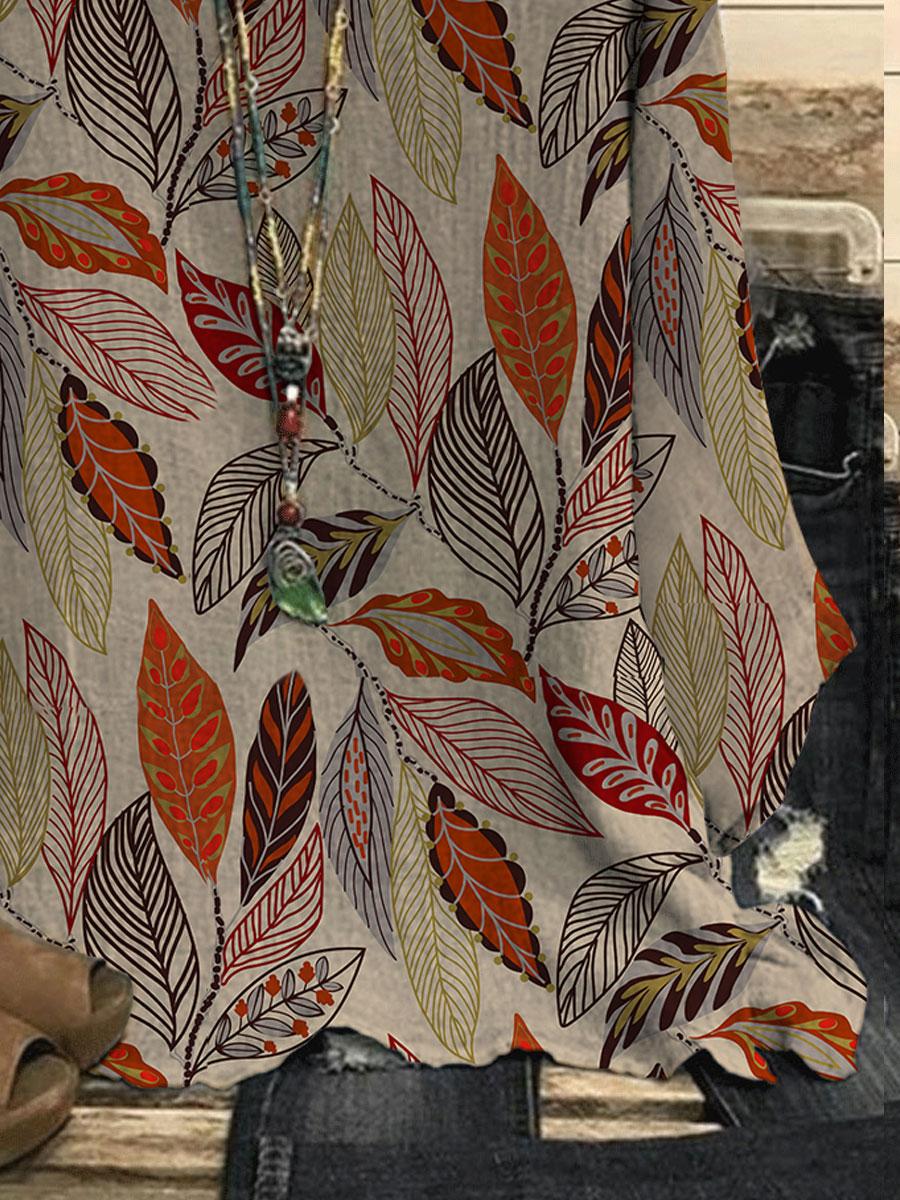 Round Neck Leaf Print Casual Loose Long-sleeved Blouse