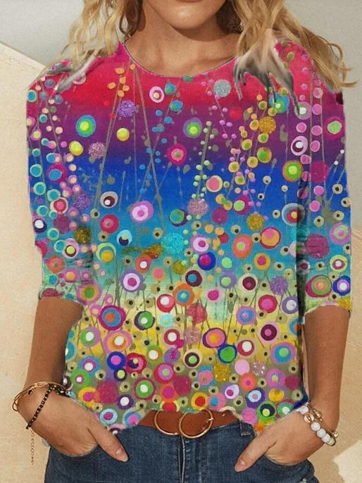 Women Casual Multicolor Graffiti Printed Crew Neck Shirts