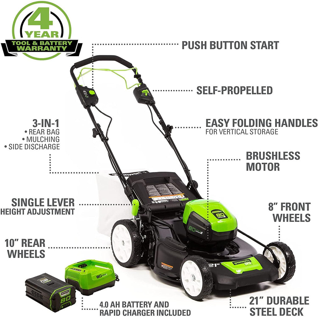 Greenworks Pro 80V 21-Inch Brushless Self-Propelled Lawn Mower 4.0Ah Battery and Charger Included, MO80L410