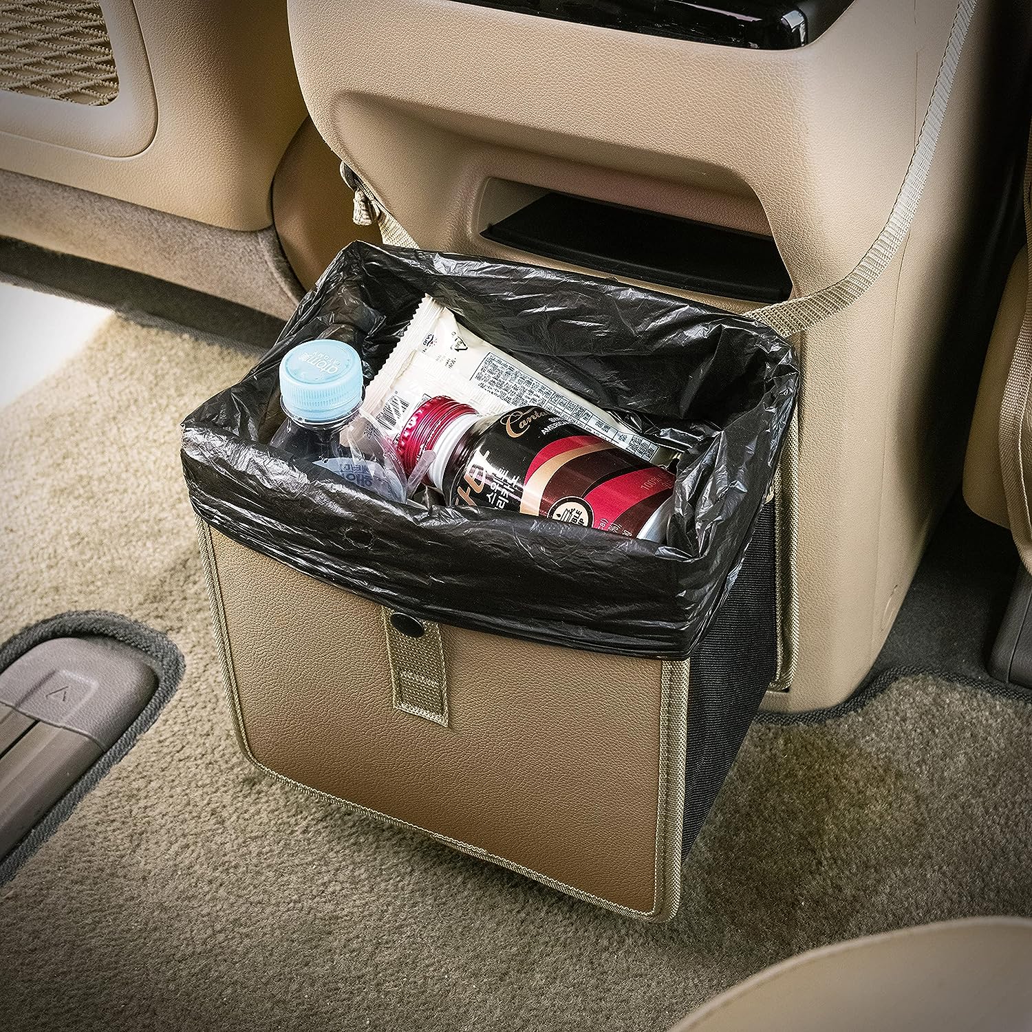 KMMOTORS Foldable Hanging Car Trash Can, Bag, bin, Vegan Leather and Oxford Clothes Organizer, Cute car Gadgets (Medium, Beige)