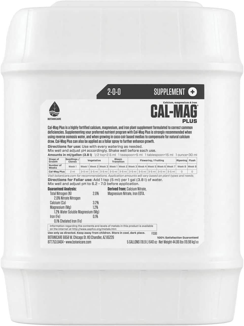 Botanicare Cal-Mag Plus, A Calcium, Magnesium, And Iron Plant Supplement, Corrects Common Plant Deficiencies, Add To Water Or Use As A Spray, 2-0-0 NPK, 5 Gallon