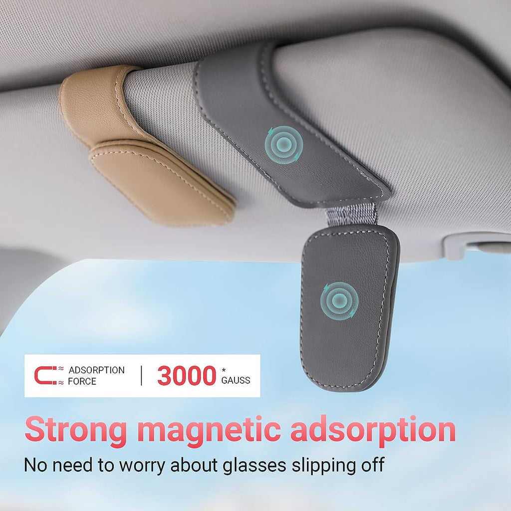 KanSmart Sunglass Holder for Car Visor Sunglasses Clip Magnetic Leather Glasses Eyeglass Holder Auto Interior Accessories Universal for SUV Pickup Truck -Gray
