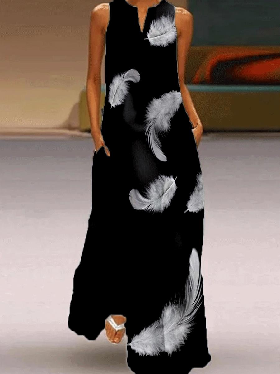 Casual Fashion Feather Printed V-neck Sleeveless Dress
