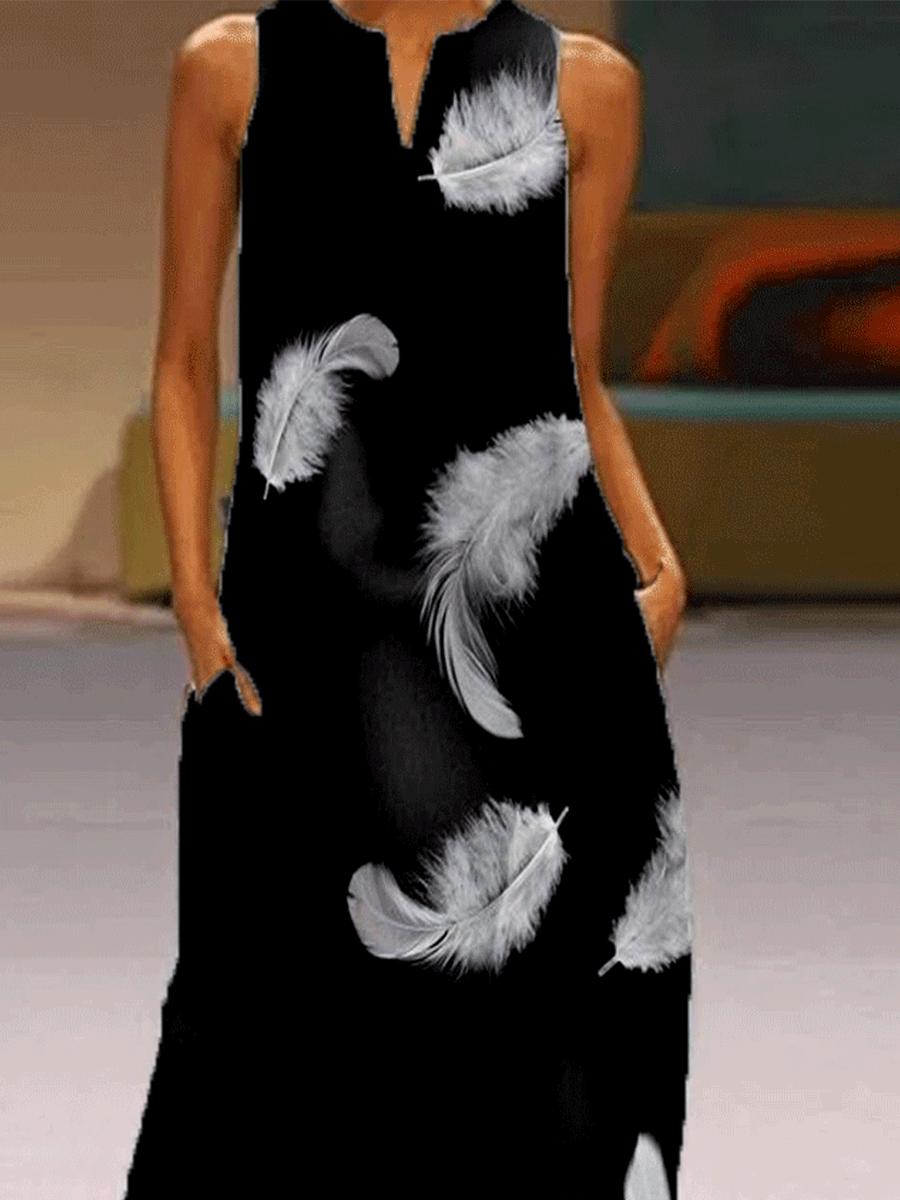 Casual Fashion Feather Printed V-neck Sleeveless Dress