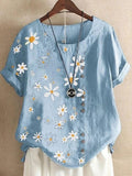 Casual Cotton And Daisy Printed Short-Sleeved Blouse