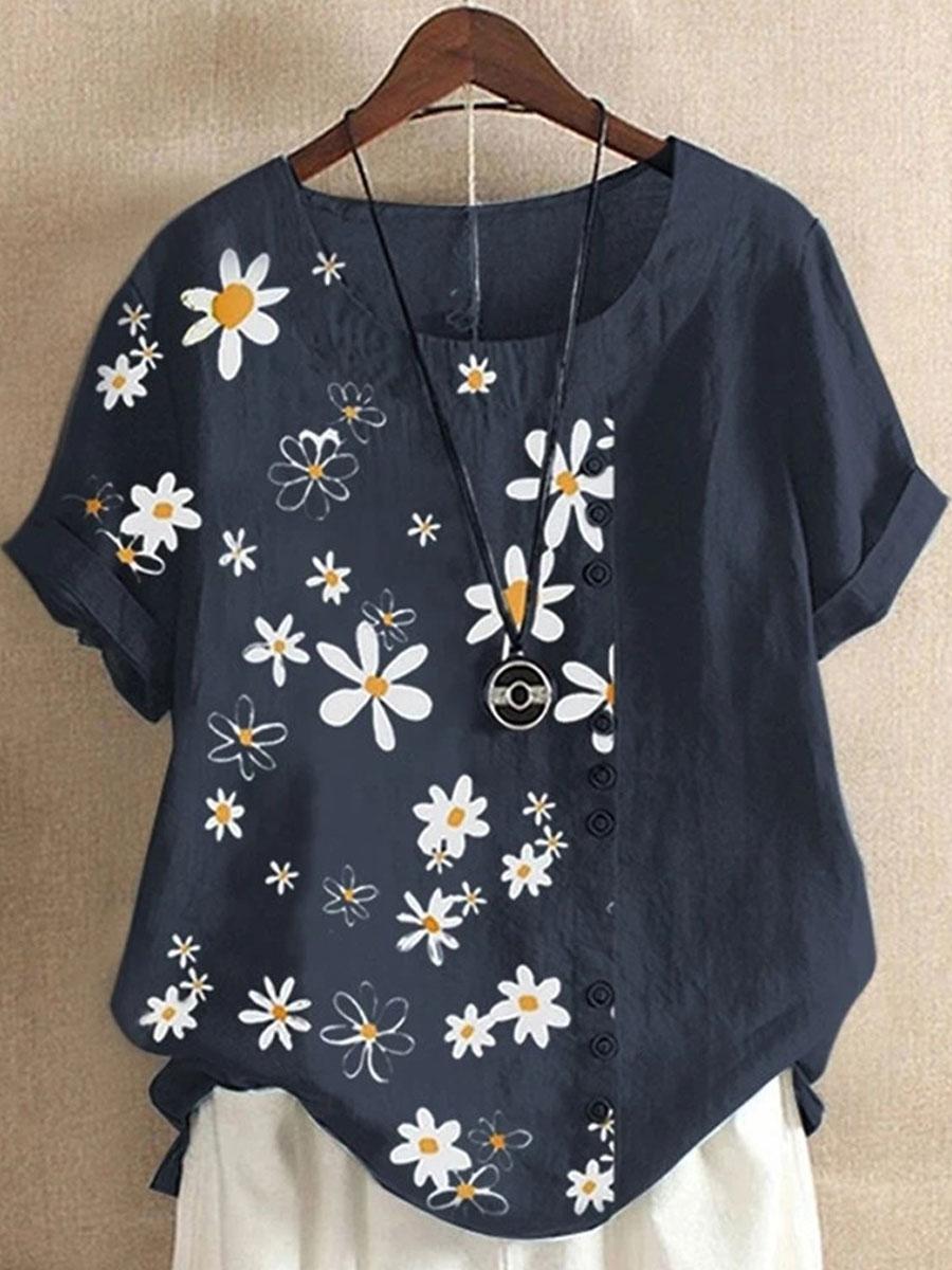 Casual Cotton And Daisy Printed Short-Sleeved Blouse