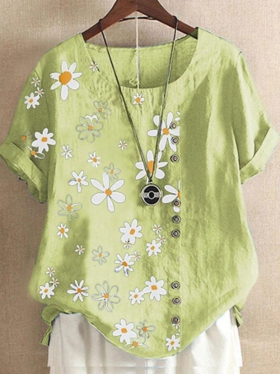 Casual Cotton And Daisy Printed Short-Sleeved Blouse