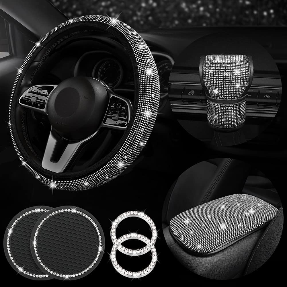 7Pcs/Set Car Decoration Kit, White Artificial Diamond Car Steering Wheel Cover, Center Console Cover Pad, Gear Shift Cover, Ignition Ring, Car Coaster