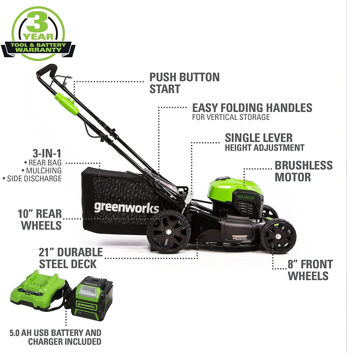 Greenworks 40V 21inch Cordless Brushless Lawn Mower, 5Ah Battery & Charger Included, LMF402