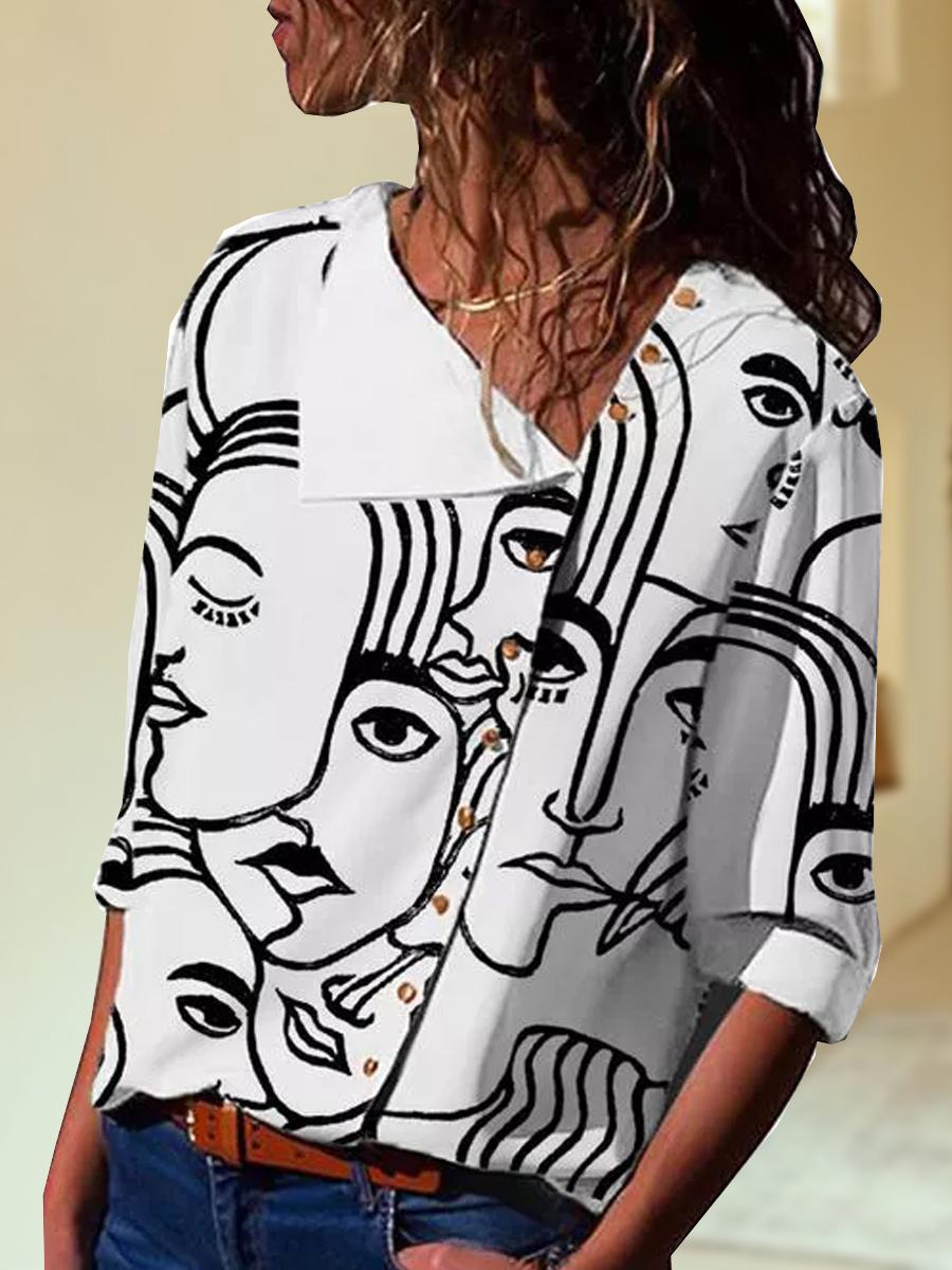 Fashion Button Lapel Abstract Print Top
