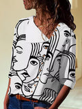 Fashion Button Lapel Abstract Print Top
