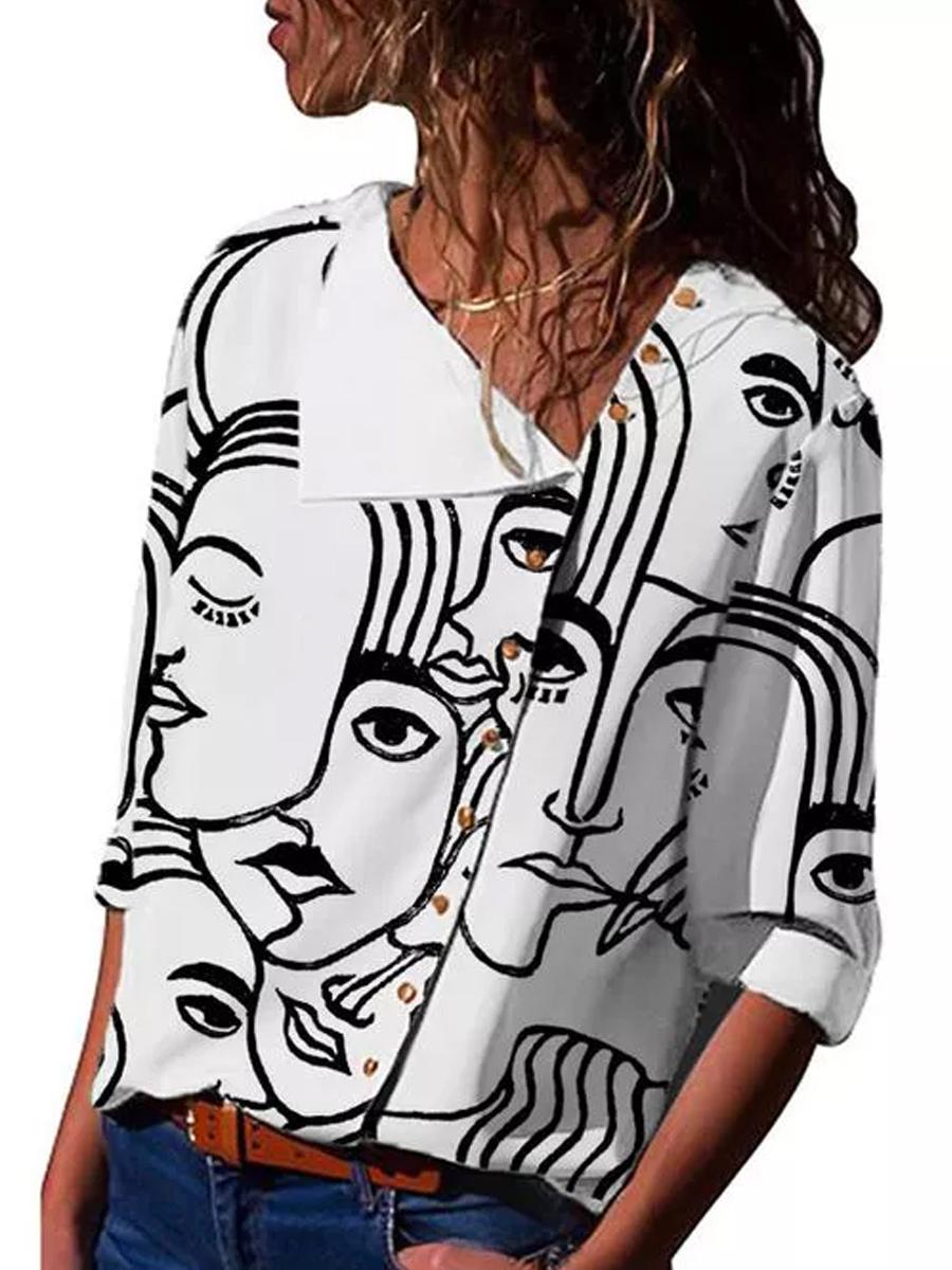 Fashion Button Lapel Abstract Print Top