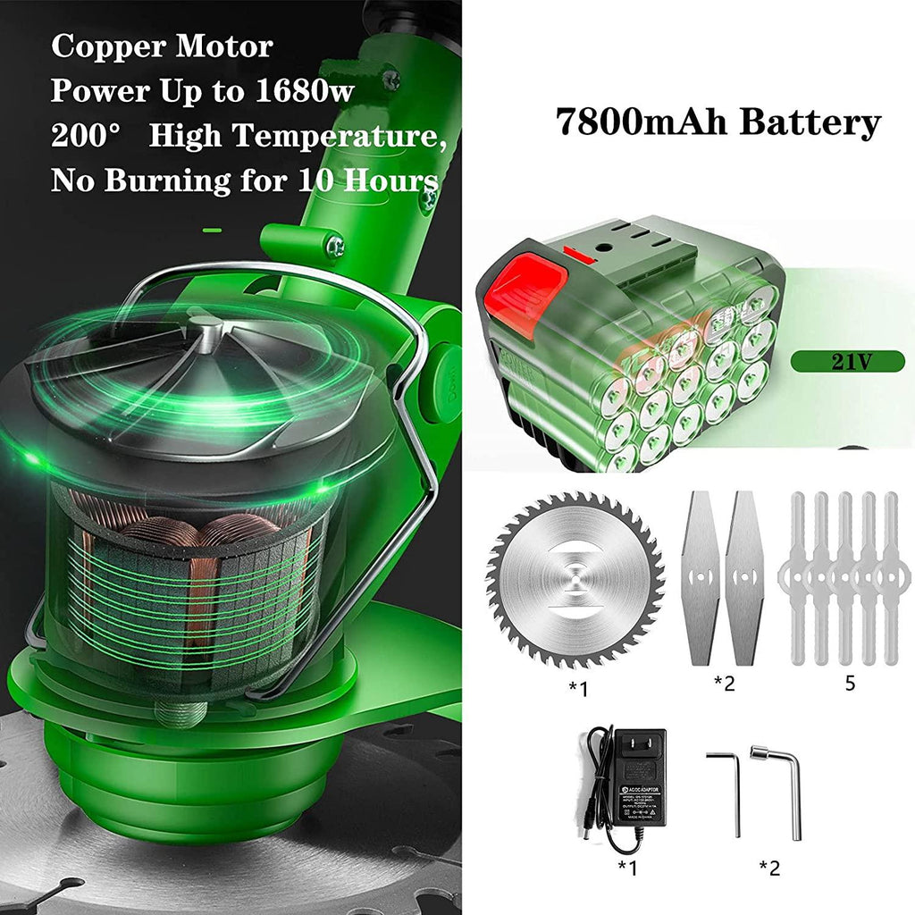 LANHA 21V Cordless Grass Trimmer, with 7500 Battery and Charger Battery Lawn Trimmer Telescopic Handle 8000rpm Electric Lawn Mower 5 X Nylon Blade 2 X Steel Blade 1 X Alloy Blade