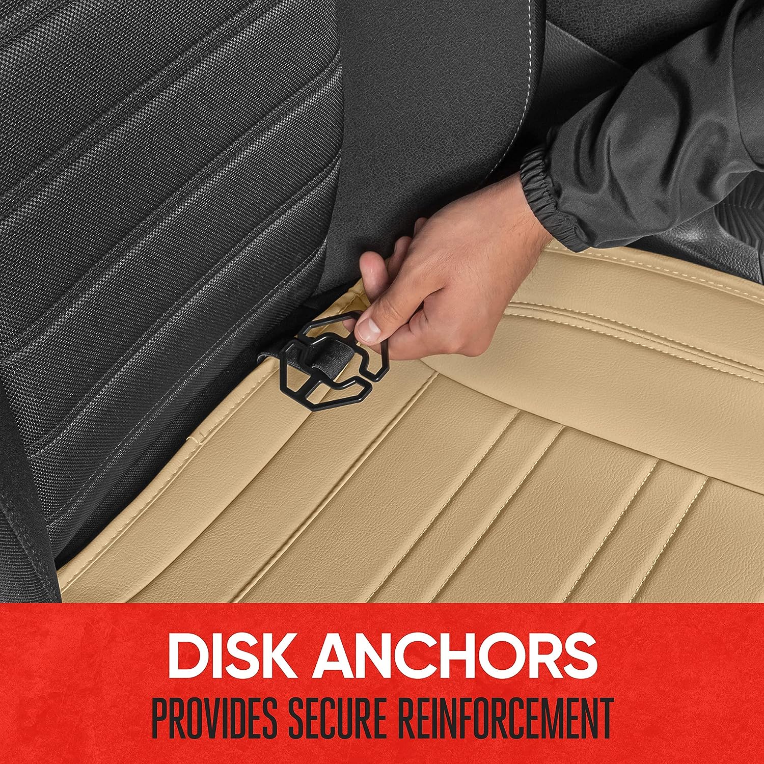 Motor Trend Seat Covers for Cars Trucks SUV, Faux Leather Full Set Beige Padded Car Seat Covers with Storage Pockets, Premium Interior Car Seat Cover