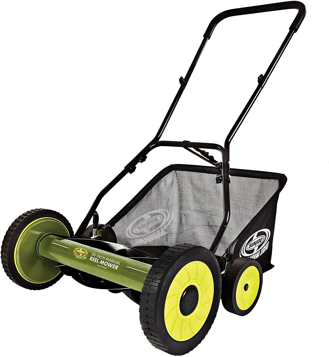 Sun Joe FBA MJ502M 20-Inch Manual Reel Mower w/ 8.5-Gallon Grass Catcher, 9-Position Height Adjustment, Foam Grip, Compact Design, Green