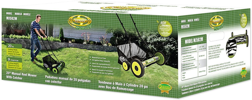 Sun Joe FBA MJ502M 20-Inch Manual Reel Mower w/ 8.5-Gallon Grass Catcher, 9-Position Height Adjustment, Foam Grip, Compact Design, Green