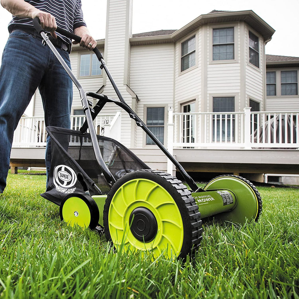 Sun Joe FBA MJ502M 20-Inch Manual Reel Mower w/ 8.5-Gallon Grass Catcher, 9-Position Height Adjustment, Foam Grip, Compact Design, Green