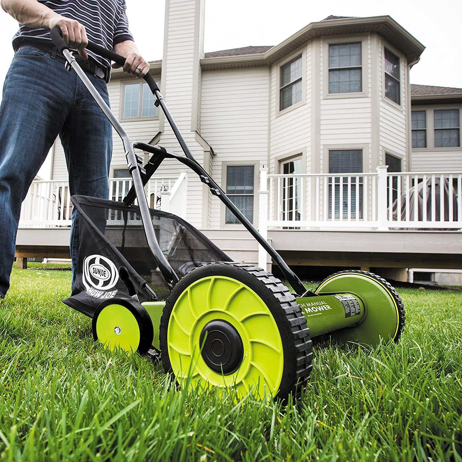 Sun Joe FBA MJ502M 20-Inch Manual Reel Mower w/ 8.5-Gallon Grass Catcher, 9-Position Height Adjustment, Foam Grip, Compact Design, Green
