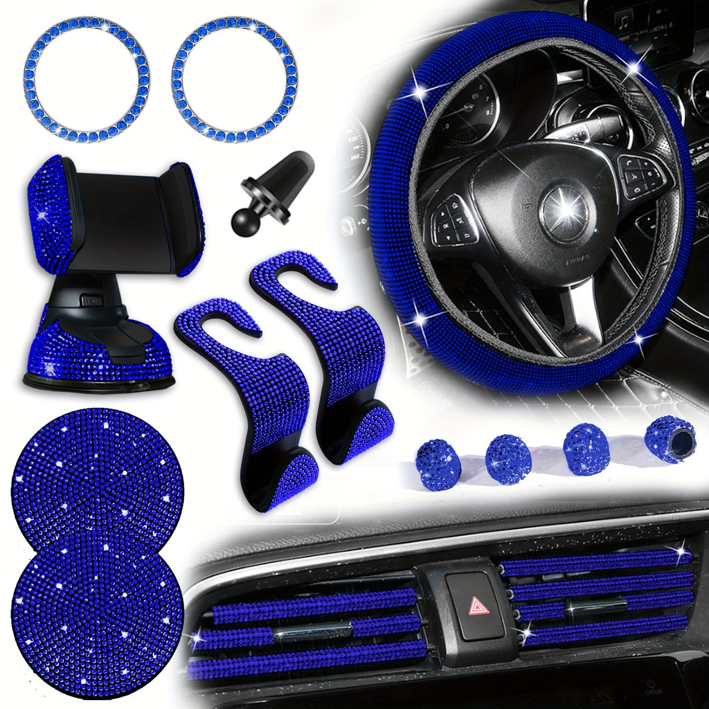 18pcs/set Light Luxury Hot Artificial Diamond Car Interior Set Crystal Steering Wheel Cover Mobile Phone Holder Women Car Interior Accessories