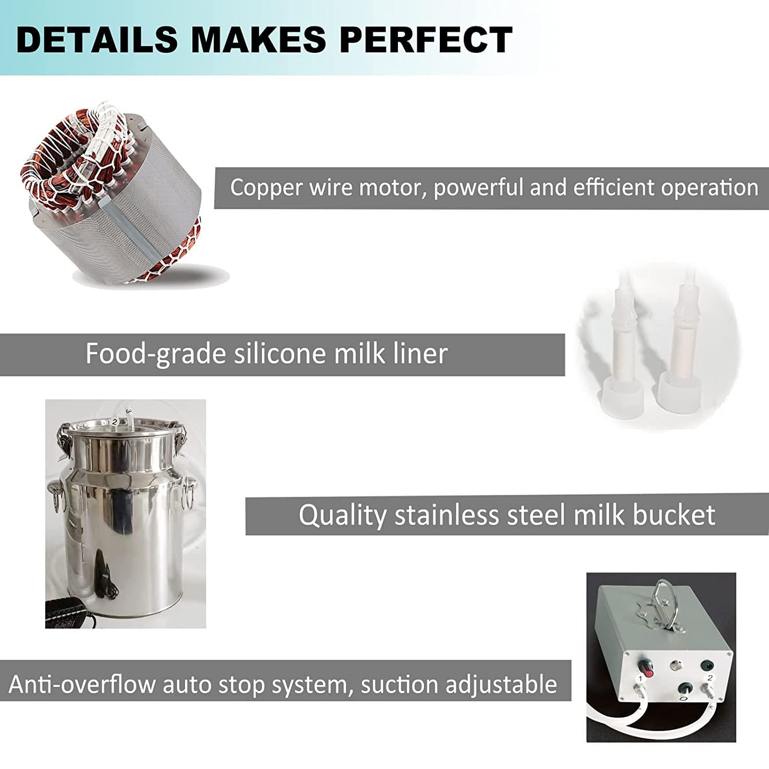 Olyfanco 7L Goat MilMachine, Pulse/Direct Suction 2 in 1 Model, Suction Adjustable and Milk Bucket Full Self-Stop System to Preventing Overflow -2023 Newest Model