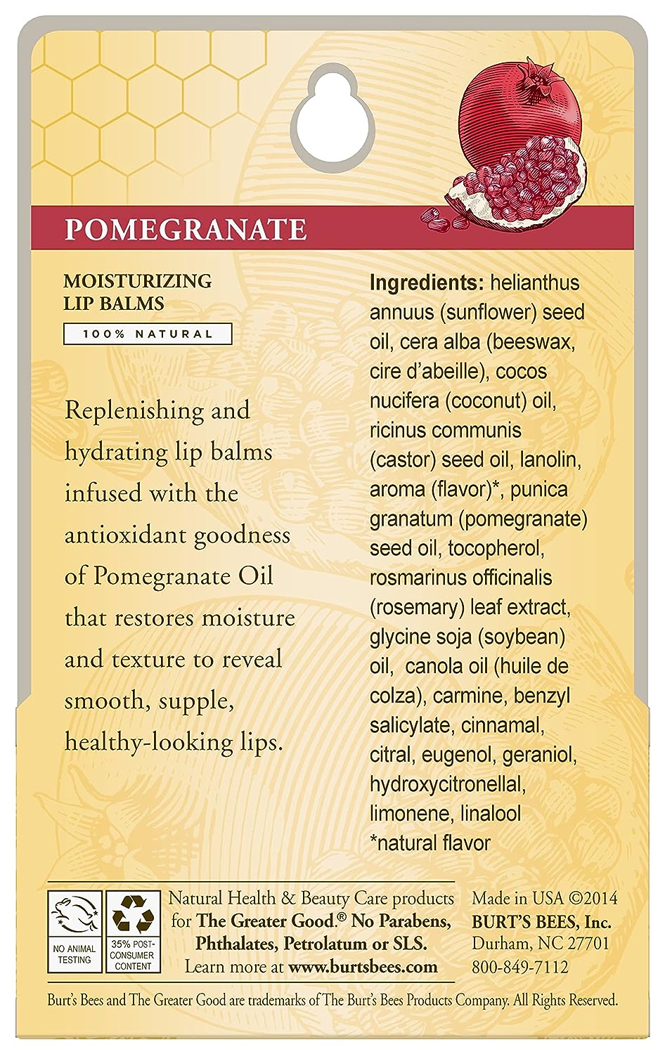 Burt's Bees Lip Balm, Moisturizing Lip Care, All Natural, Original Beeswax with Vitamin E &amp; Peppermint Oil -Pomegranate (2 Pack)