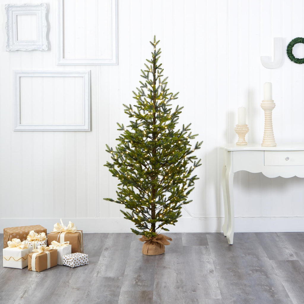 Nearly Natural 6' Fraser Fir Artificial Christmas Tree in Burlap Base, Prelit with LED Lights, Green