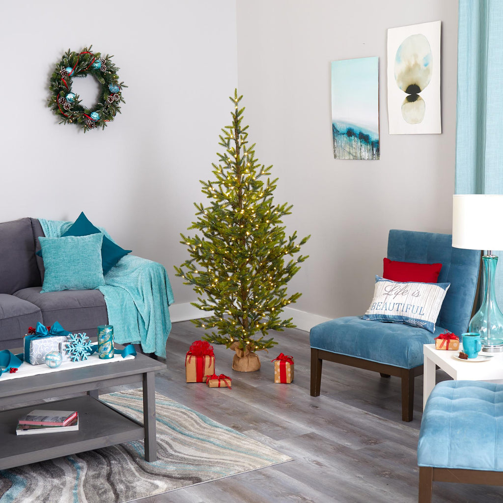 Nearly Natural 6' Fraser Fir Artificial Christmas Tree in Burlap Base, Prelit with LED Lights, Green
