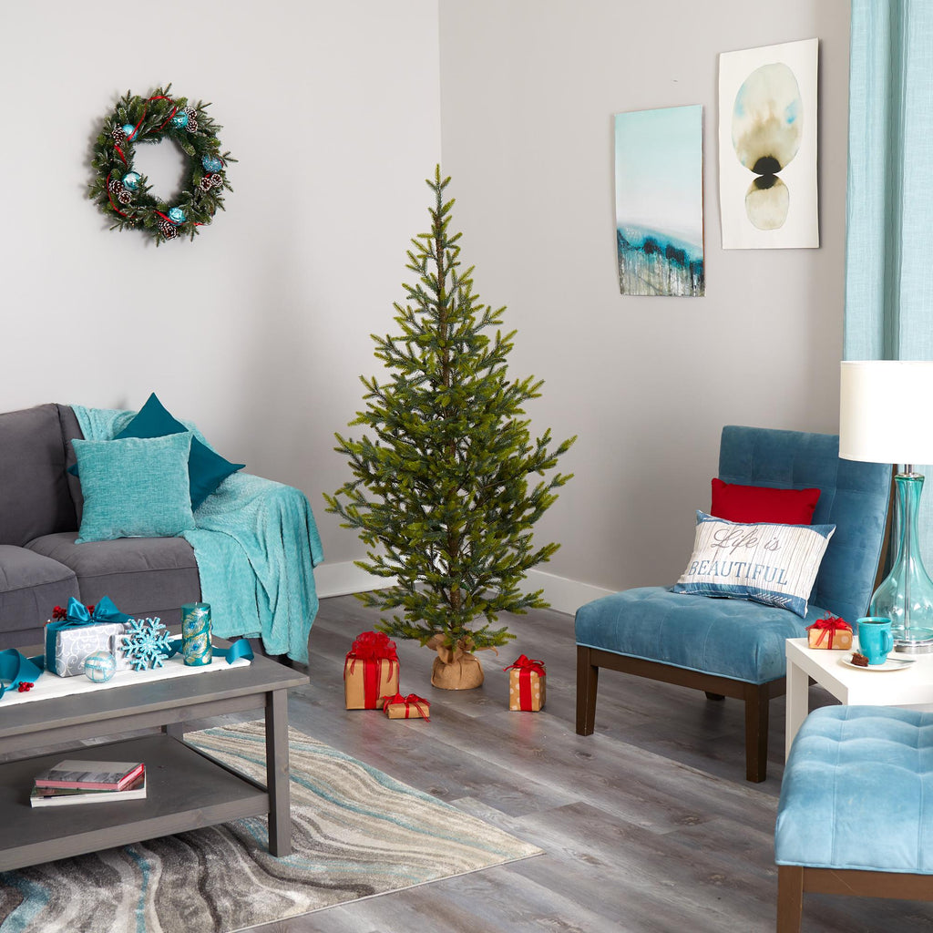 Nearly Natural 6' Fraser Fir Artificial Christmas Tree in Burlap Base, Prelit with LED Lights, Green