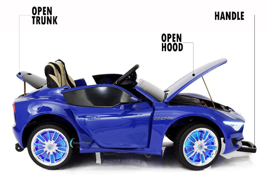 12V Maserati Alfieri Ride on Electric Car For Kids with MP4 Touch Screen Remote Control LED lights wheels MP3 Leather seat - Blue