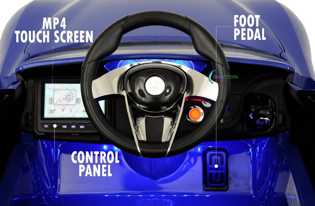 12V Maserati Alfieri Ride on Electric Car For Kids with MP4 Touch Screen Remote Control LED lights wheels MP3 Leather seat - Blue