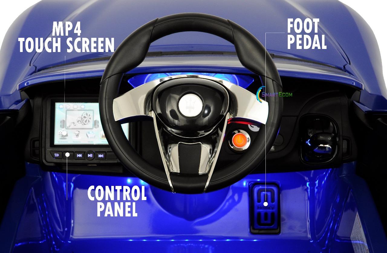12V Maserati Alfieri Ride on Electric Car For Kids with MP4 Touch Screen Remote Control LED lights wheels MP3 Leather seat - Blue