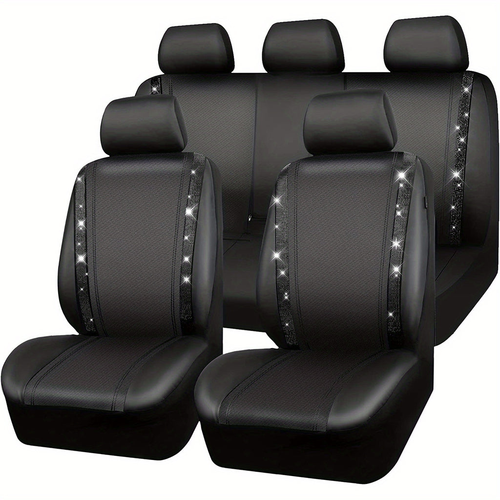 Bling Car Seat Covers Full Set, Shining Rhinestone Waterproof Leather Seat Covers For Women,Universal Fit 95% Automotive, Silver Artificial Diamond