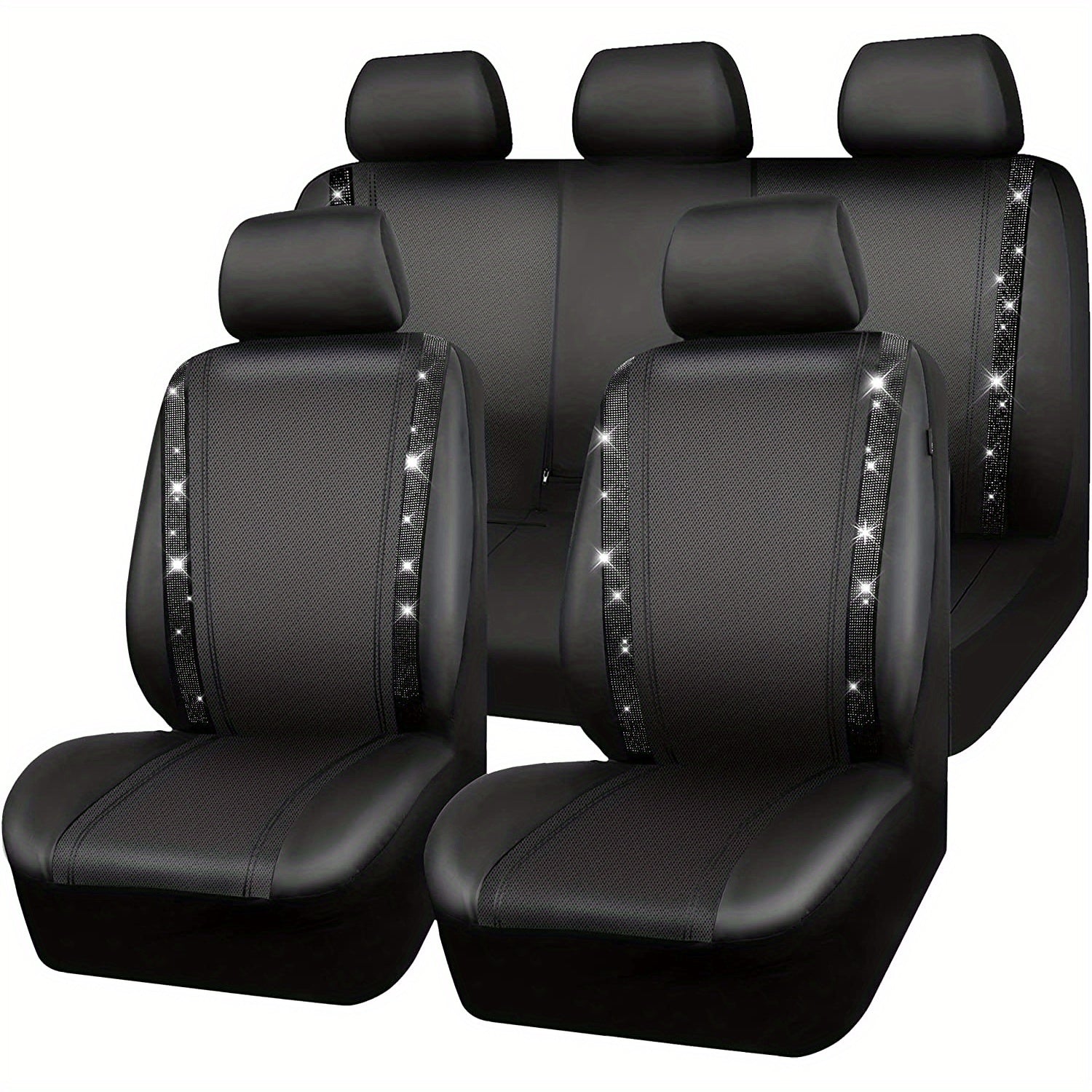 Bling Car Seat Covers Full Set, Shining Rhinestone Waterproof Leather Seat Covers For Women,Universal Fit 95% Automotive, Silver Artificial Diamond