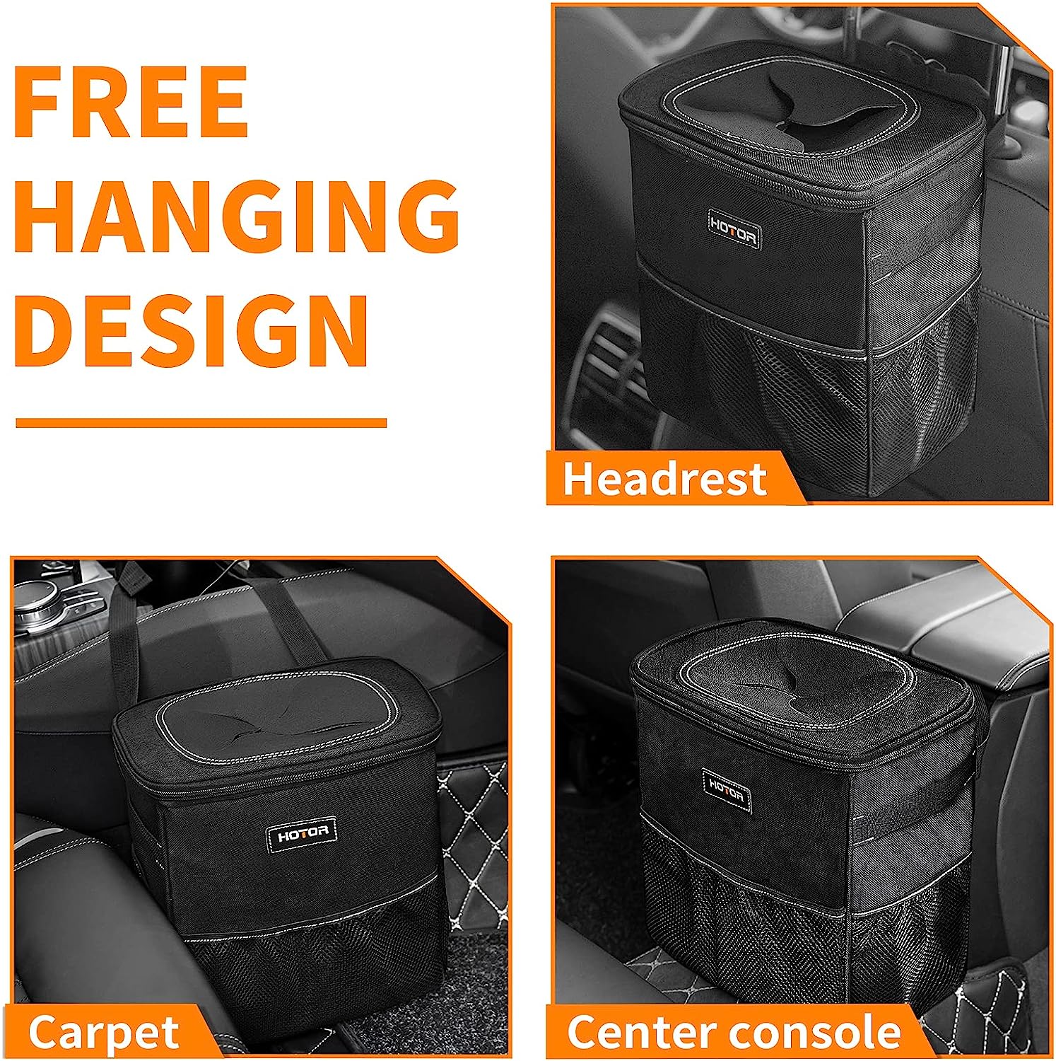 HOTOR 3 Gallons Car Trash Can, Ultra Large Capacity Car Organizer and Storage with Adjustable Straps &amp; Magnetic Snaps, Waterproof Car Accessory for Interior Car Stuff Storage (Black)