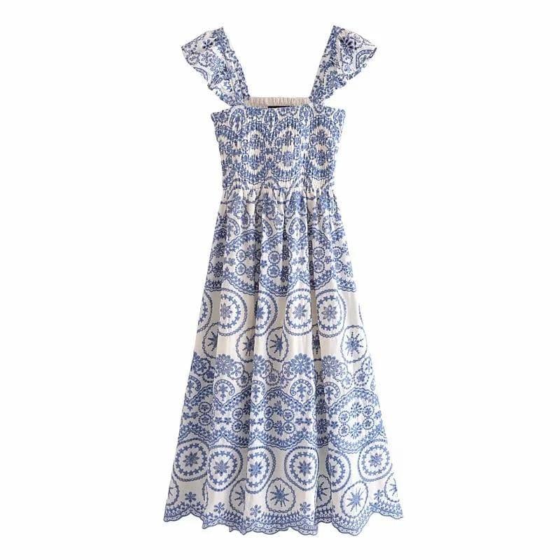 vintage ruffled long hollow embroidery dress