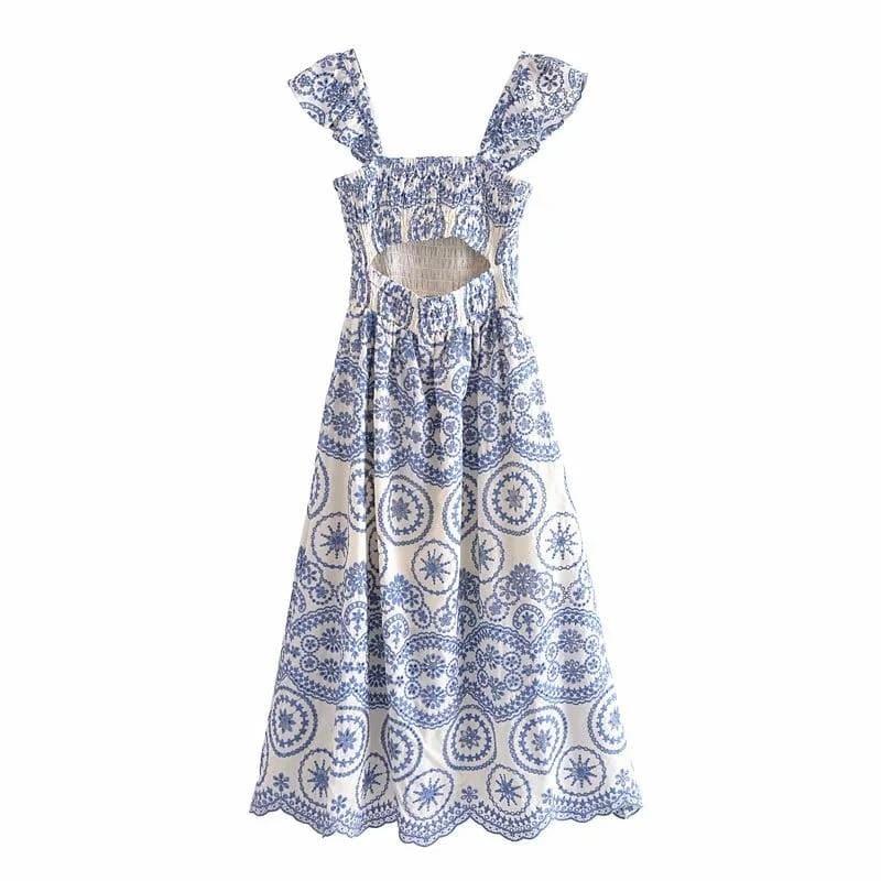 vintage ruffled long hollow embroidery dress