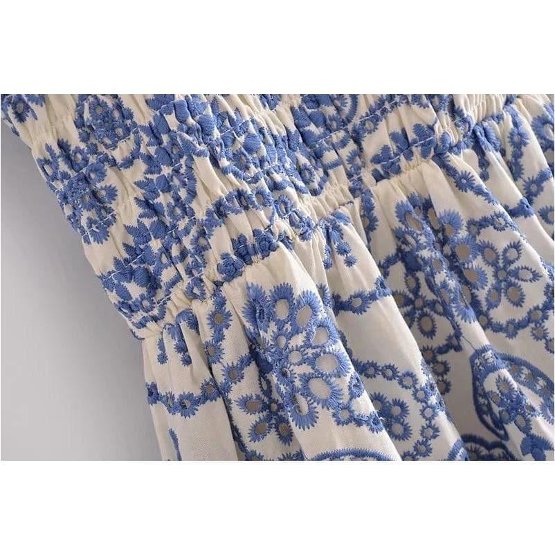 vintage ruffled long hollow embroidery dress