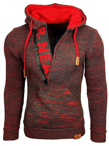 mens letter v-neck zip knit pullover casual drawstring hooded sweaters